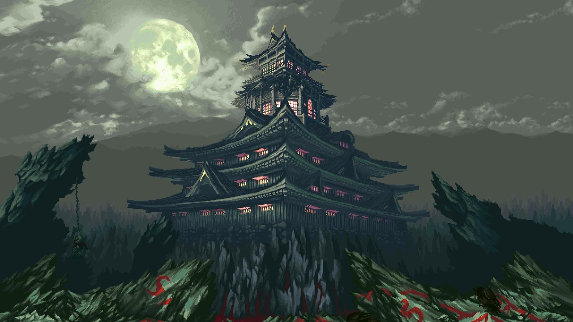 Japanese Pagoda Under The Full Moon Pixel Art Wallpaper