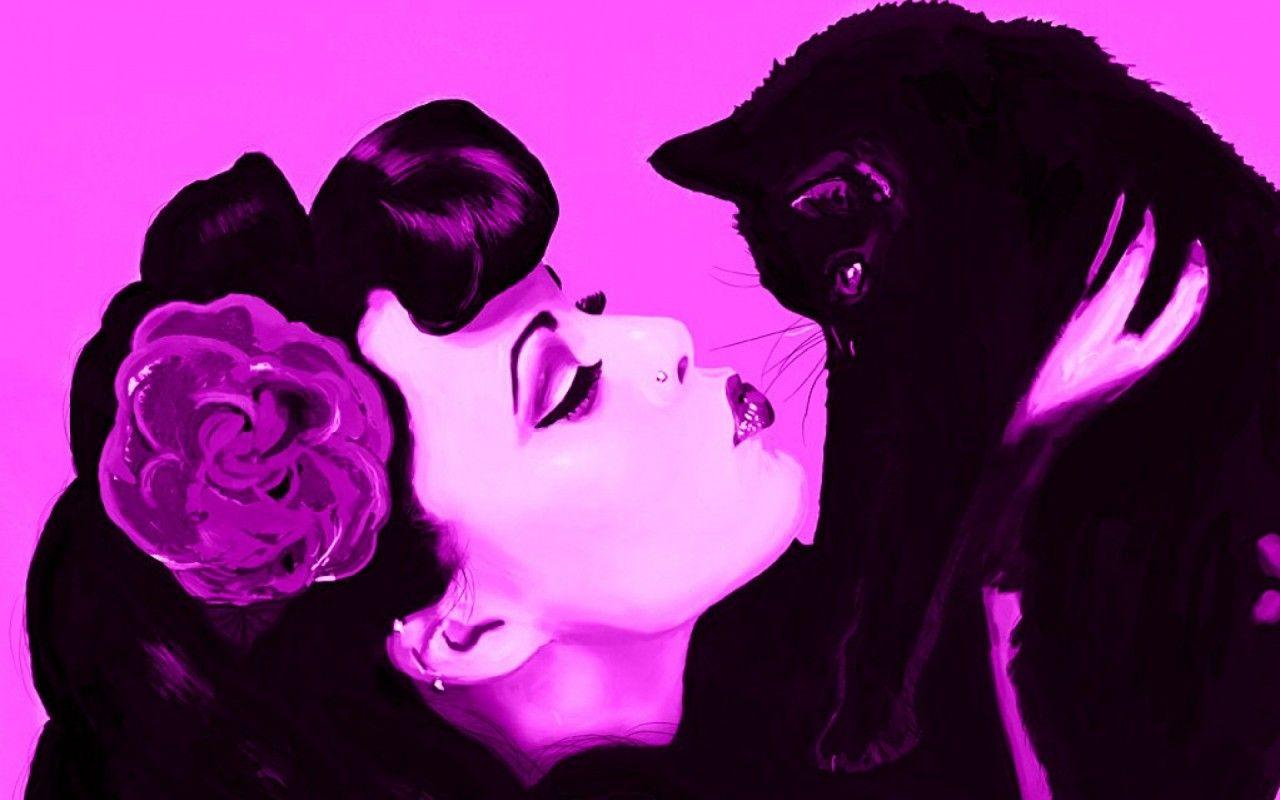 Woman & Cat Sweet Kisses wallpaper. Woman & Cat Sweet Kisses stock