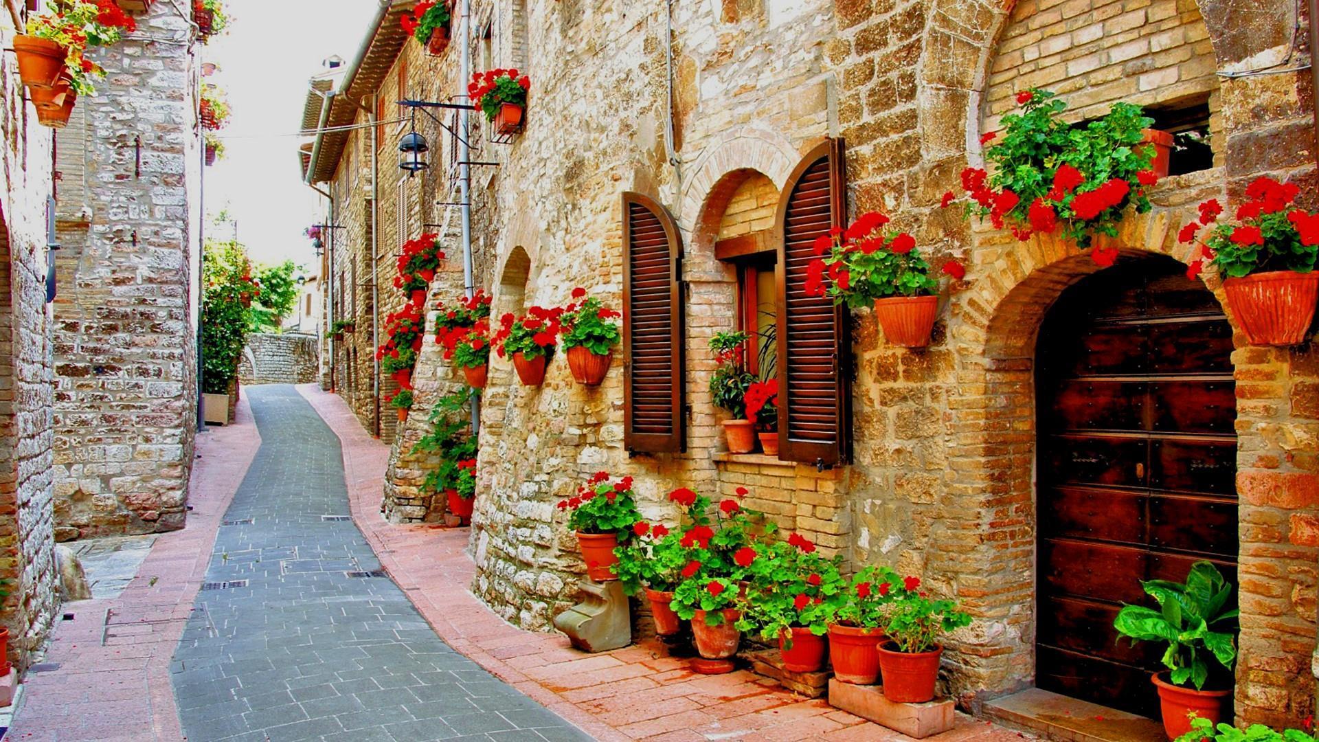 Flower Lined Street In The Town Of Assisi, Italy Wallpaper