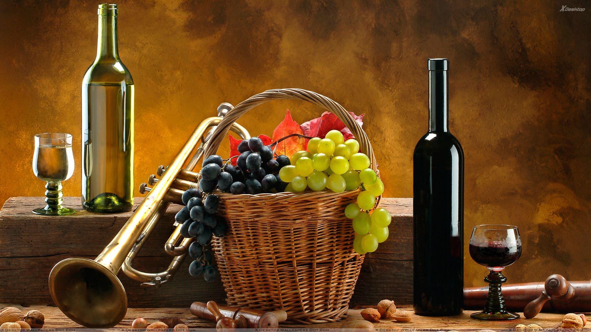 Wine Bottle N Grapes Basket Wallpaper