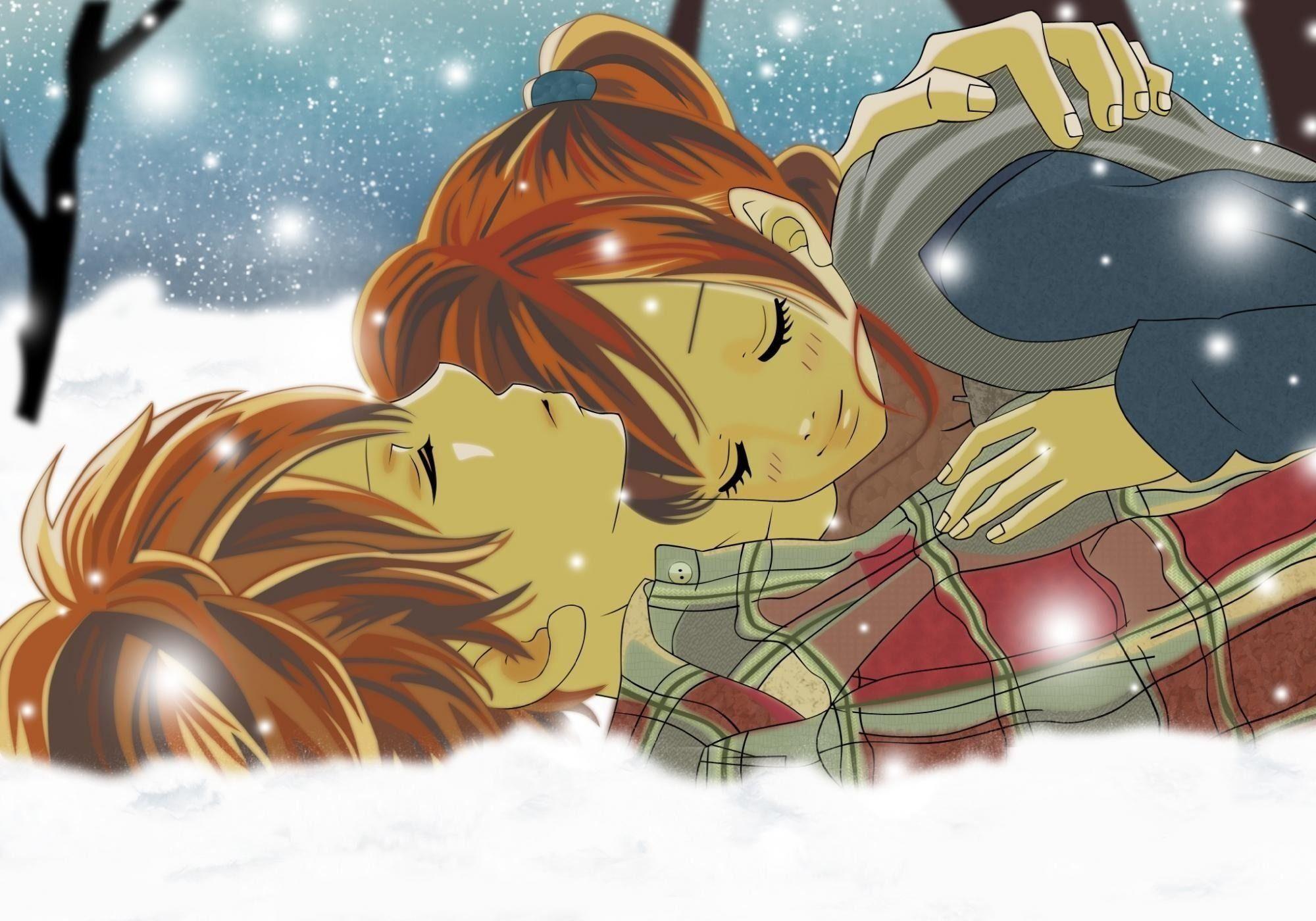 Anime series couple snow tree romantic wallpaperx1400