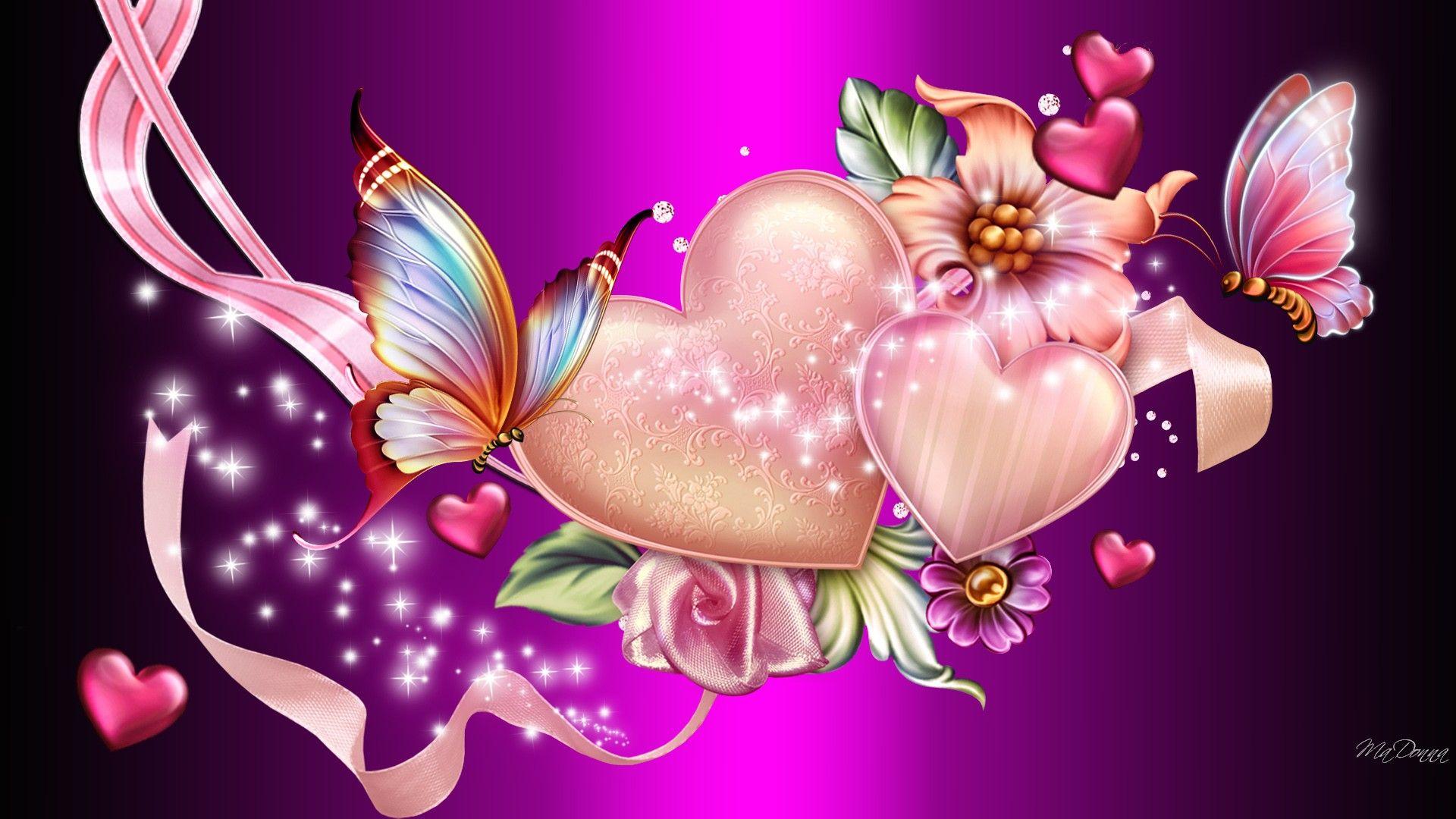Hearts and Butterflies Full HD Wallpaper