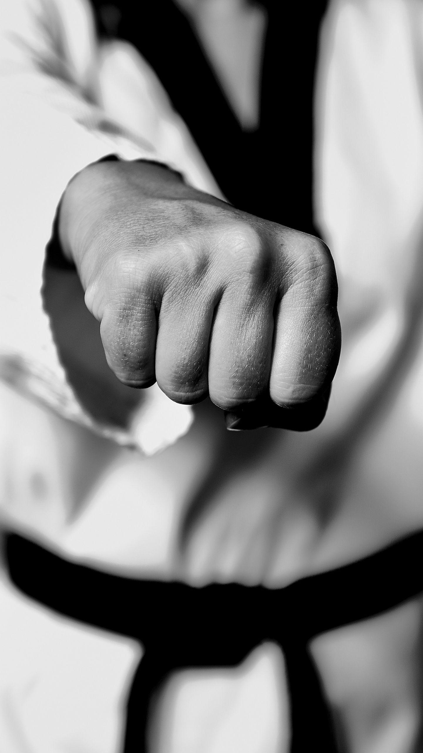 Download wallpaper 1440x2560 taekwondo, fight, fighter, fist, bw qhd