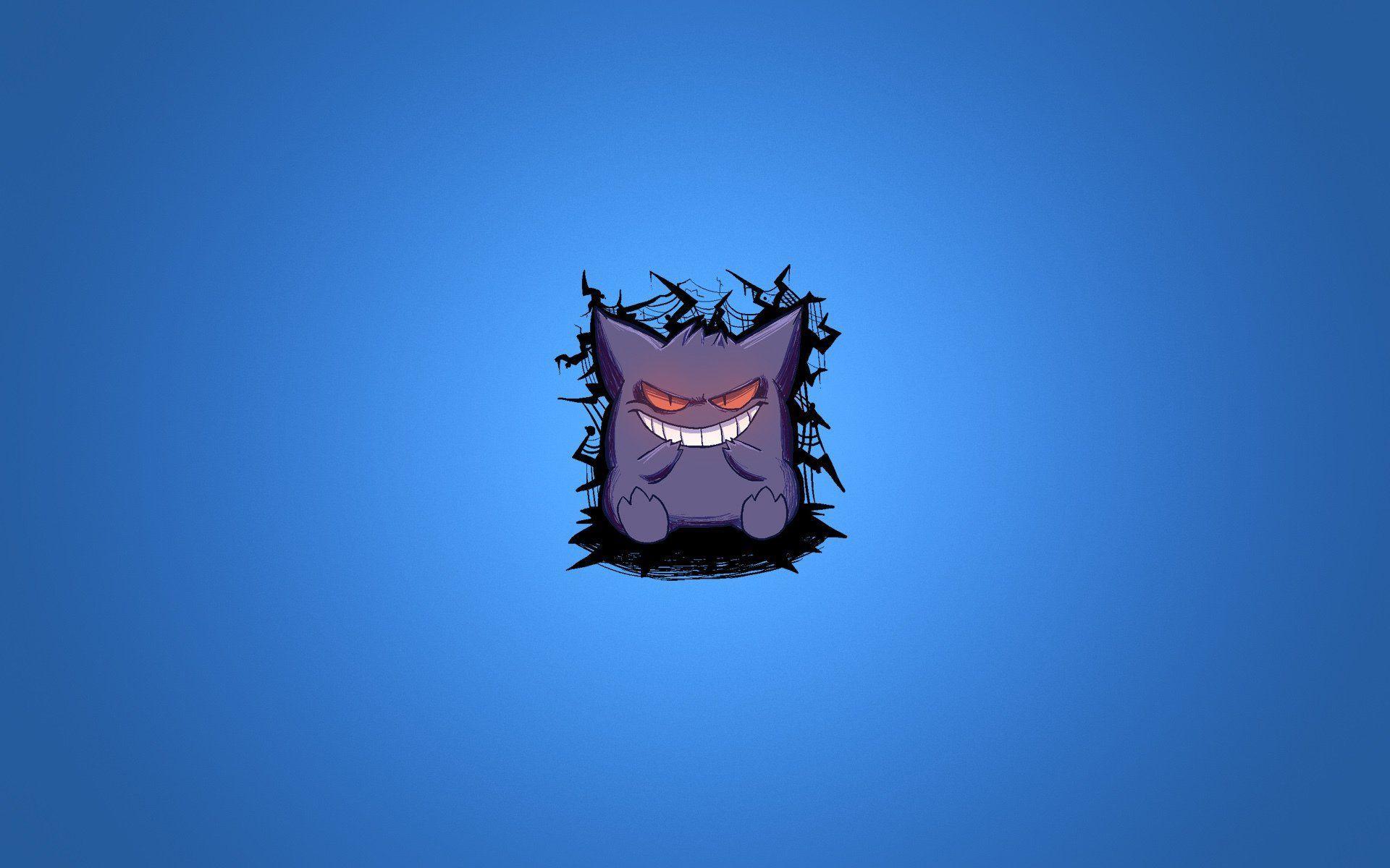 pokemon gengar blue background purple smile minimalism HD wallpaper