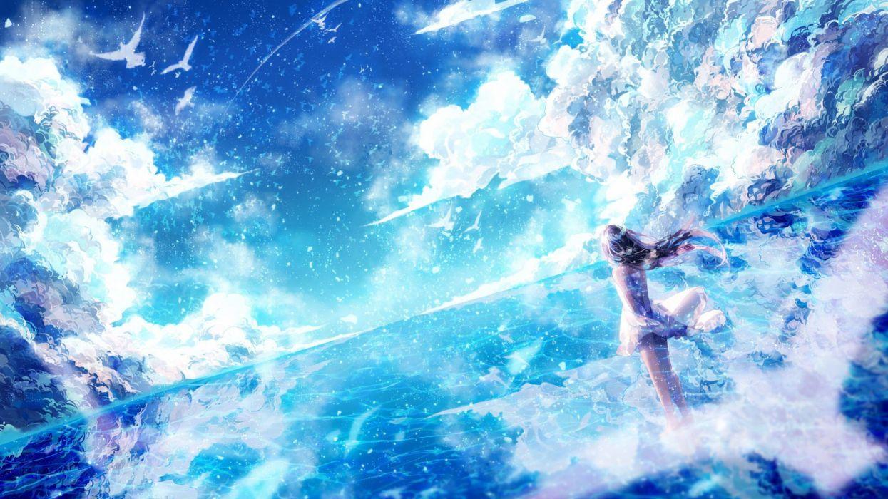 Anime bird sky light dress long hair original blue girl beauty