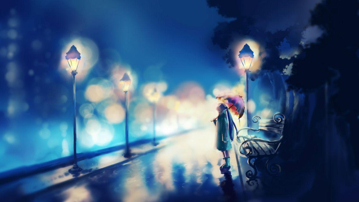 Pastel girl rain umbrella light lamp anime vocaloid wallpaper
