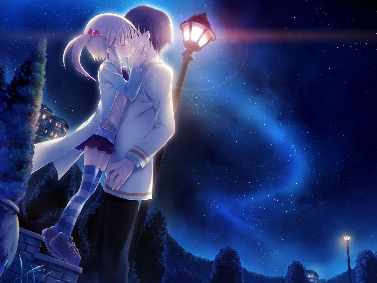 Hình ảnh Anime Kiss dưới bầu trời đêm. anime kiss