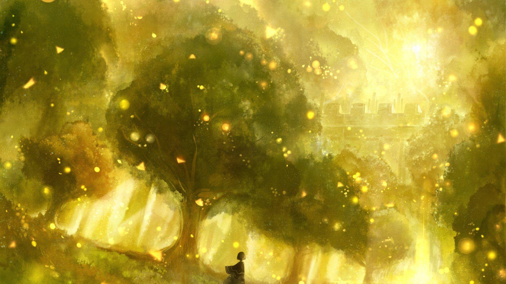 Beautiful anime girl forest tree light wallpaperx1080