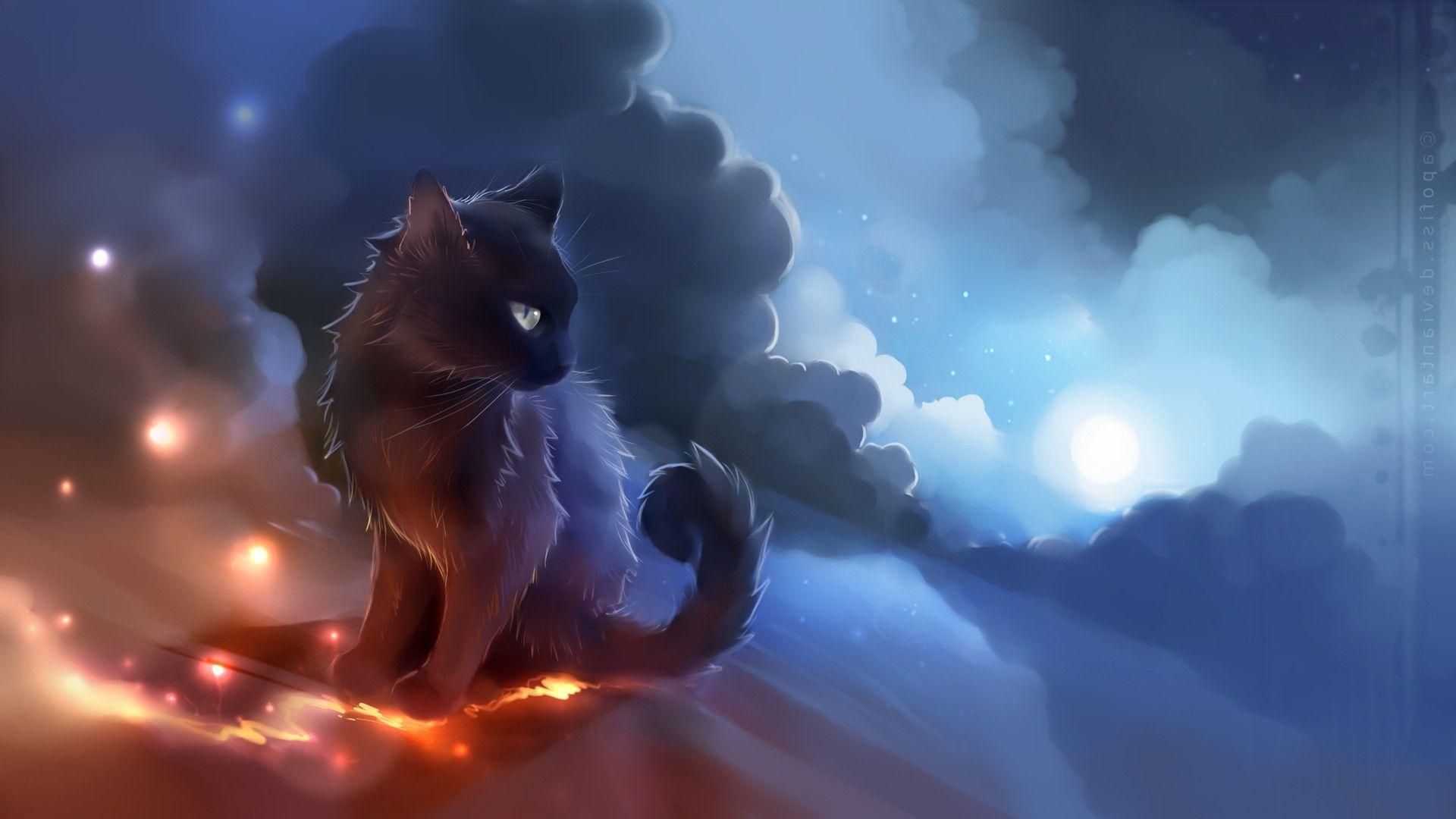 artwork, Cat, Anime, Glowing, Clouds, Apofiss Wallpaper HD