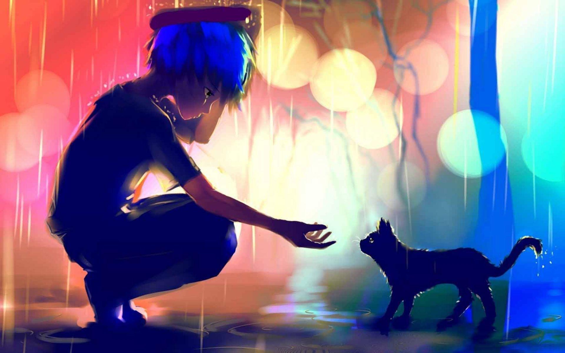 Art Boy Cat Rain Anime Wallpaper. HD Anime Wallpaper for Mobile
