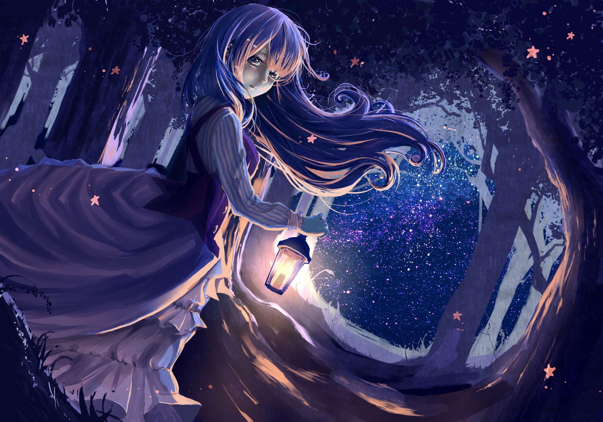 Wallpaper Girl, Anime, Lantern, Forest, Night HD, Picture, Image