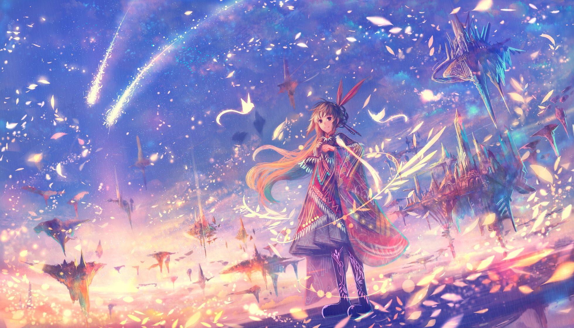 Wallpaper Anime Girl, Fantasy World, Petals, Floating Island
