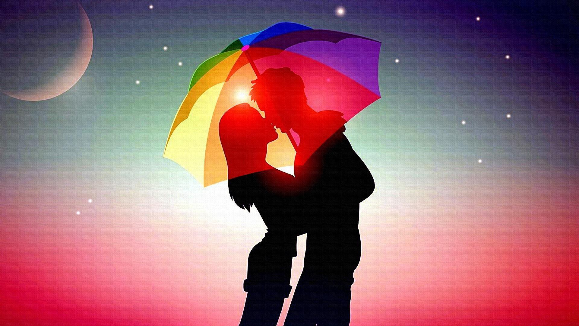 Kiss Between Lovers Under The Stars And Umbrella Wallpaper