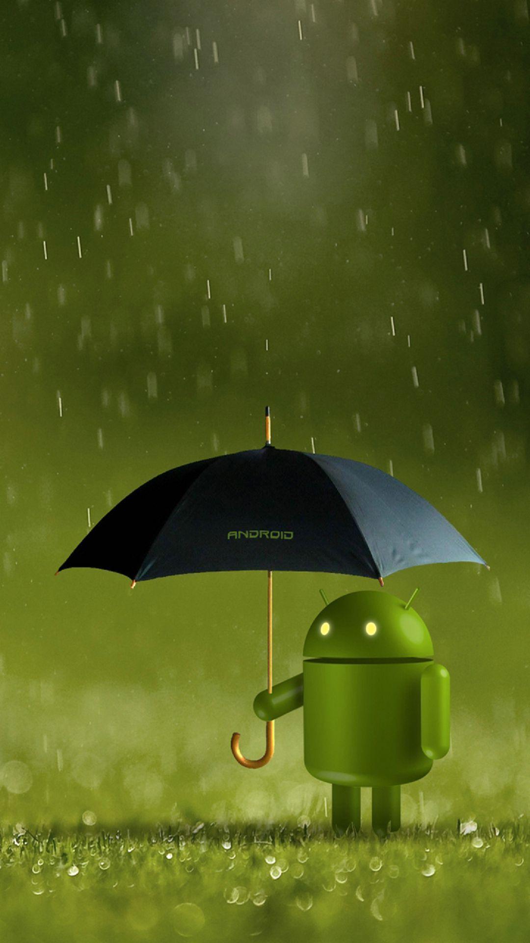 Android Robot In The Rain Black Umbrella Android Wallpaper free download