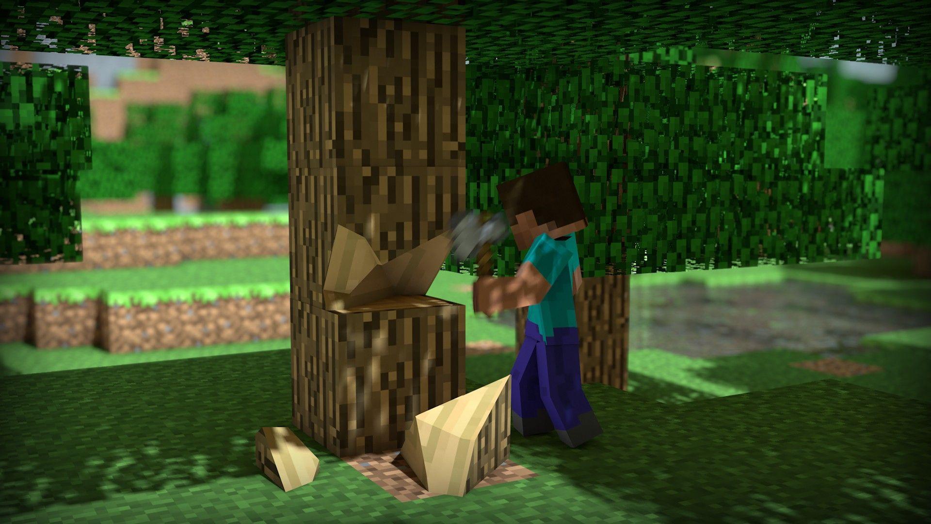 Minecraft HD desktop background 1920x1080 steve chopping wood