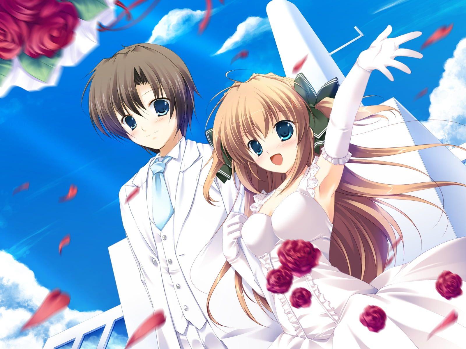 Man and woman wedding anime illustration HD wallpaper. Wallpaper