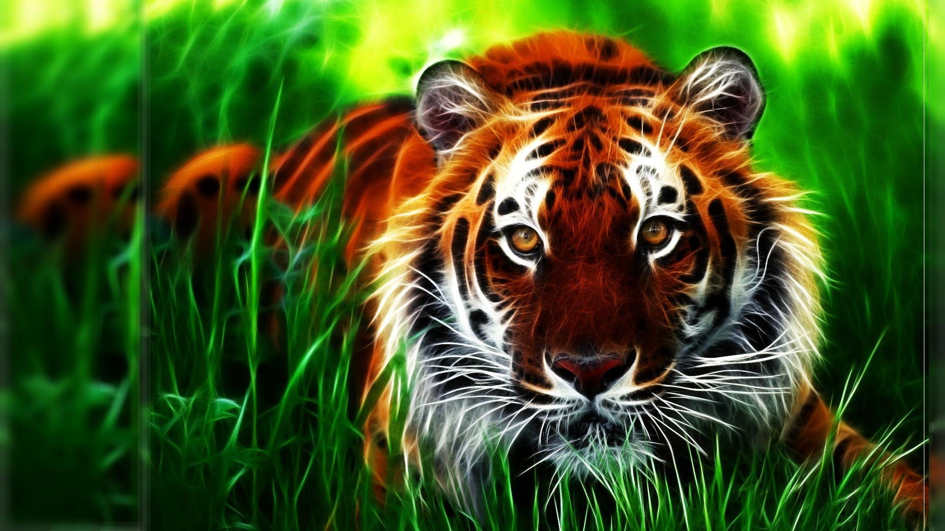 HD Tiger Fractal Face Eyes Pattern Stripes Grass Art High Resolution