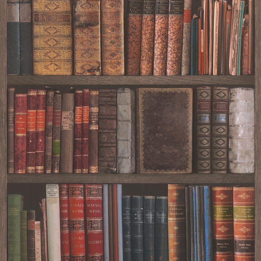 Rasch Book Shelf Pattern Wallpaper Realistic Bookcase Vintage