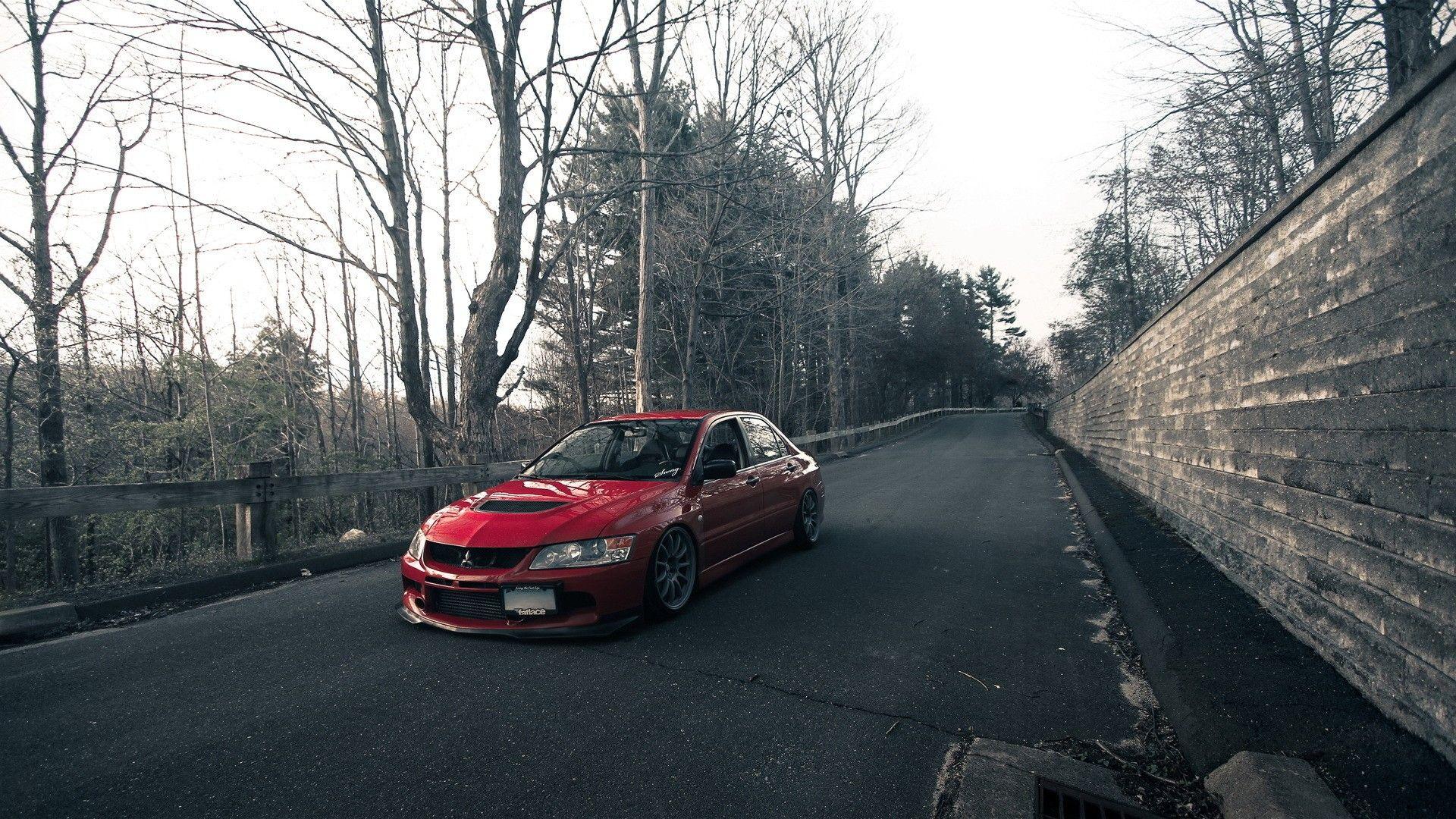 red, forest, cars, Mitsubishi, roads, tuning, rims, tuned