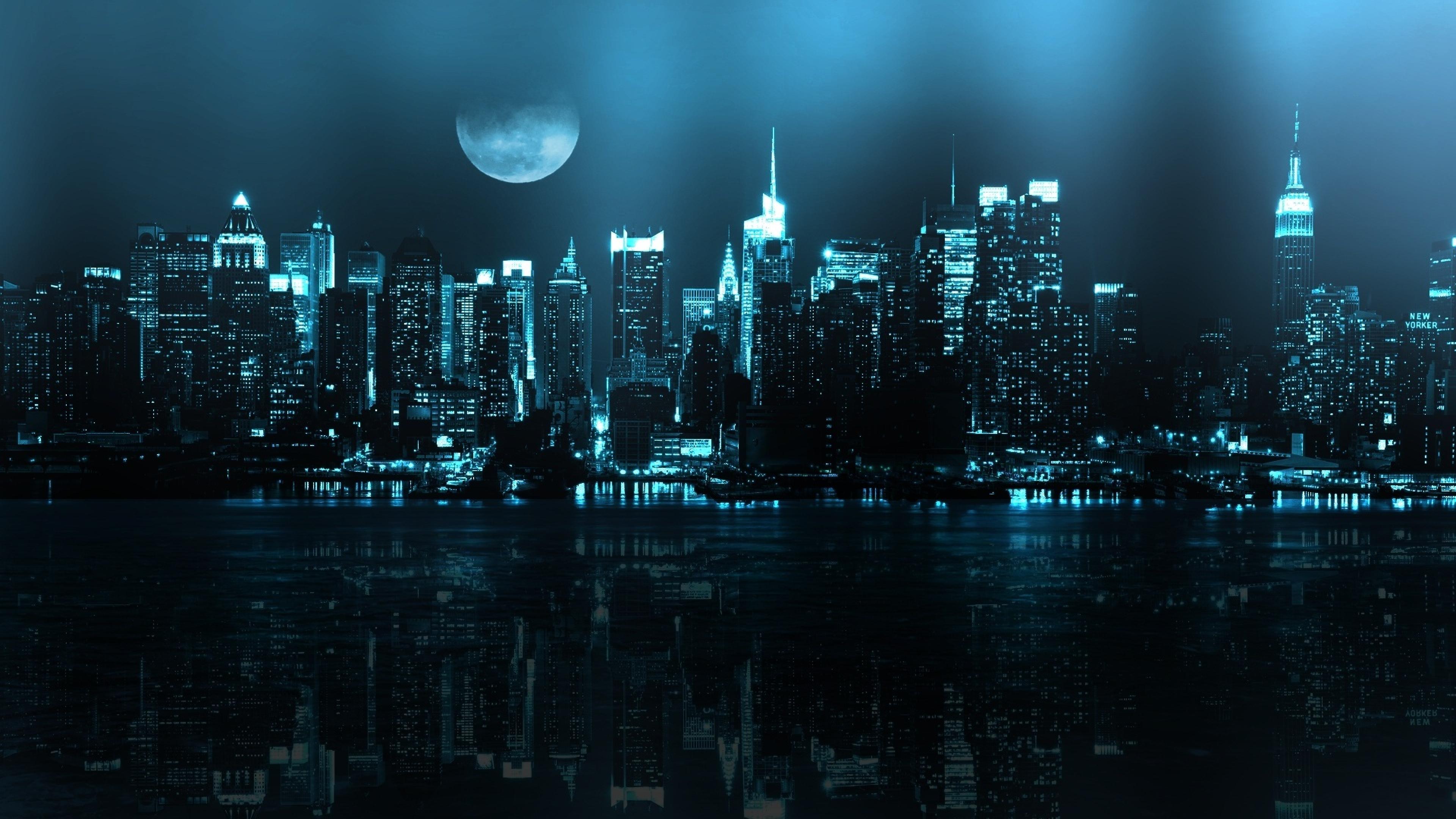 New York Blue Neon Lighting Of The City Night View HD Wallpaper
