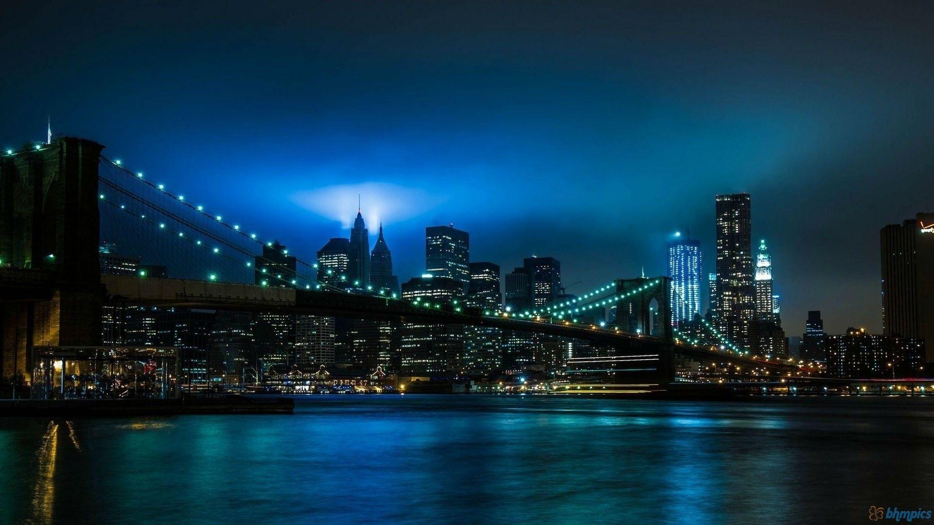 Misc: New York Evening Bridge Lights Blue Bridges Nature Night