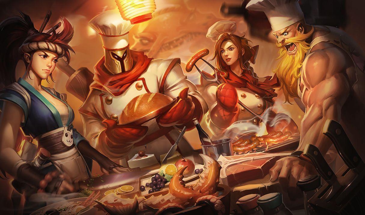 Sashimi Akali, Barbecue Leona, Baker Pantheon, and Butcher Olaf