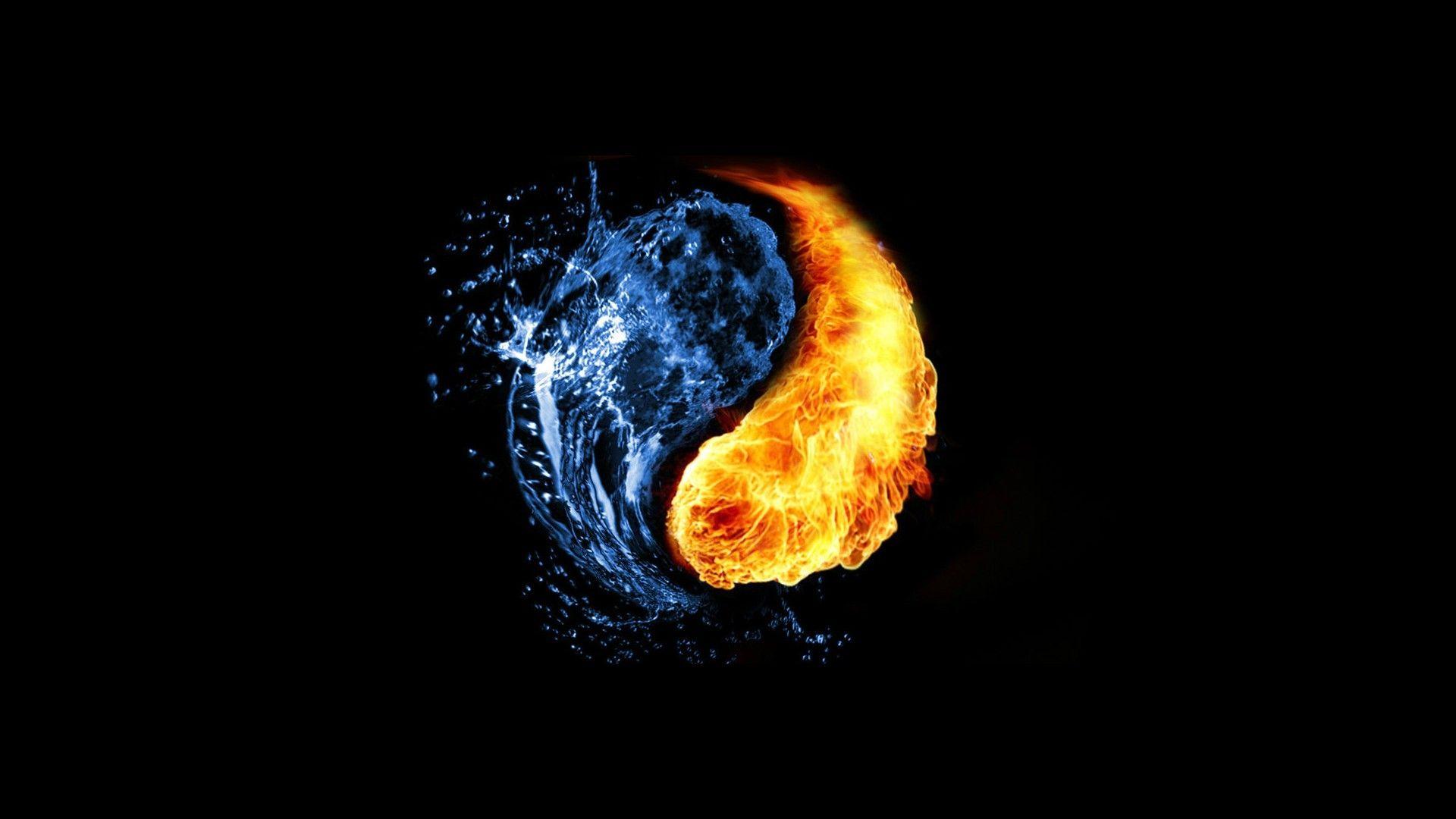 Water abstract fire ying yang black background wallpaperx1080
