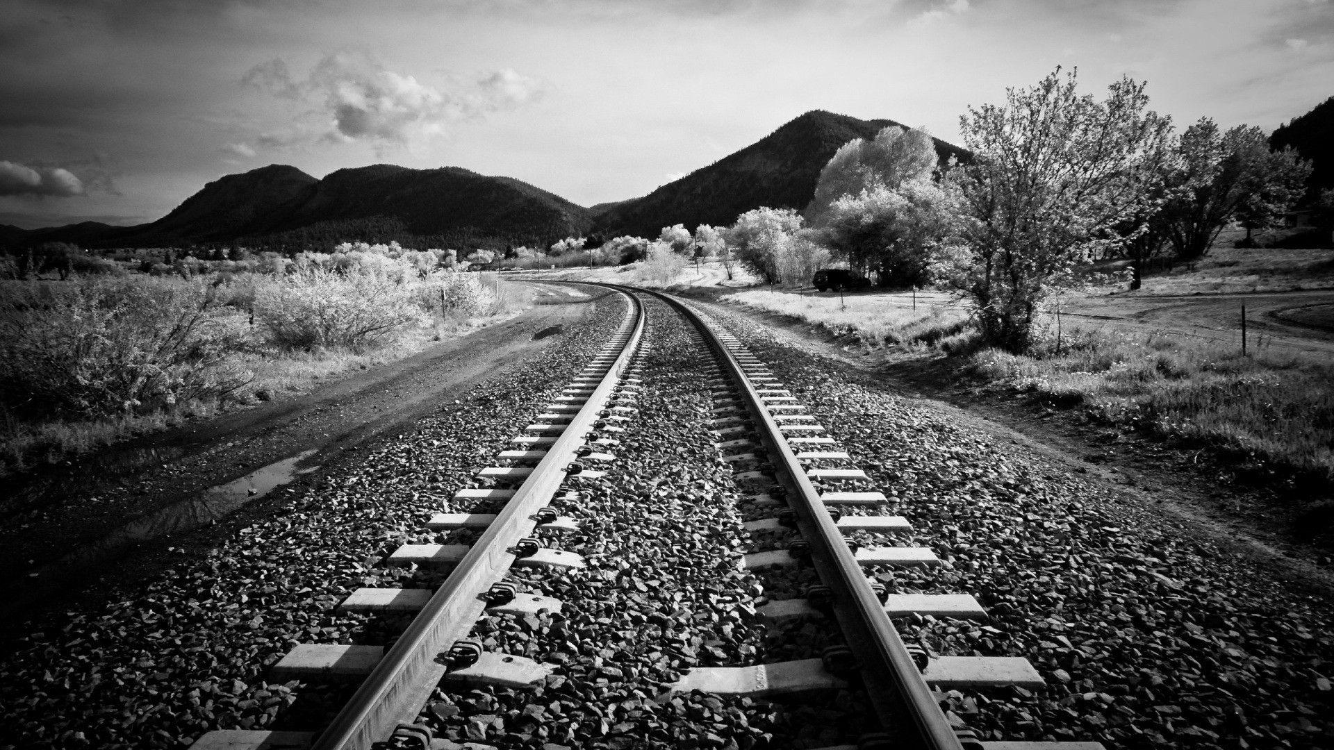 mountains landscapes nature trains grayscale monochrome trainway