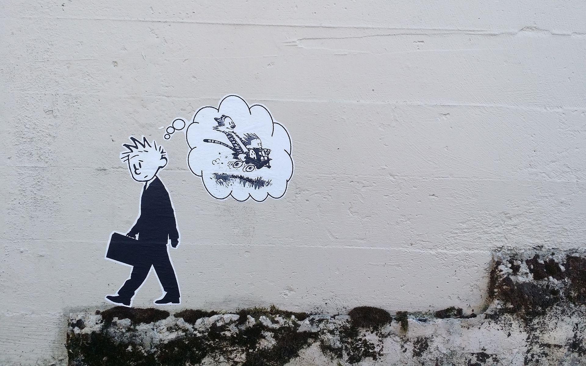 Calvin and Hobbes Thought Banksy Graffiti HD wallpaper