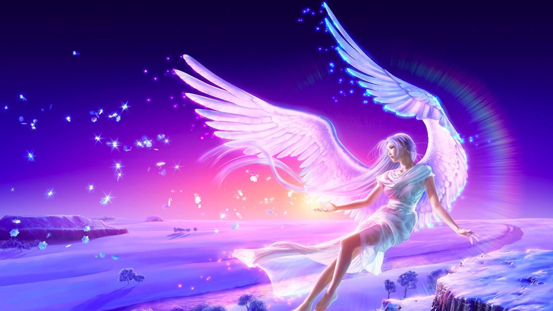 Download wallpaper 1920x1080 girl, flying, angel, wings, lights full