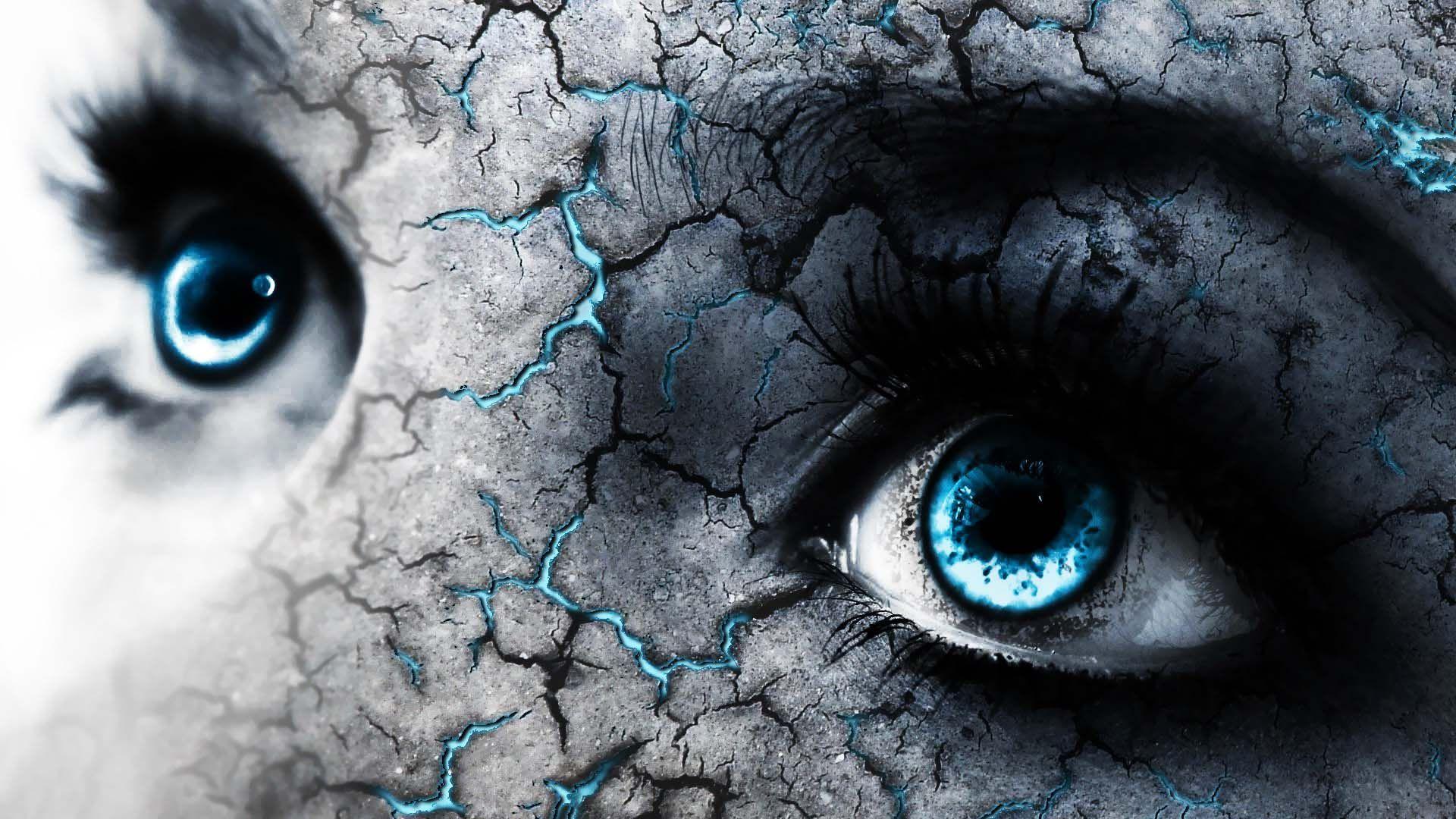 Blue Eyes And Cracked Skin. HD 3D and Abstract Wallpaper