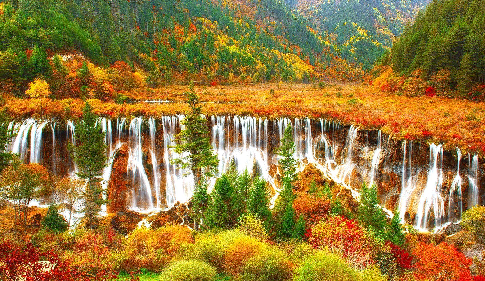 Colorful nature cascades beautiful autumn view mountain waterfall