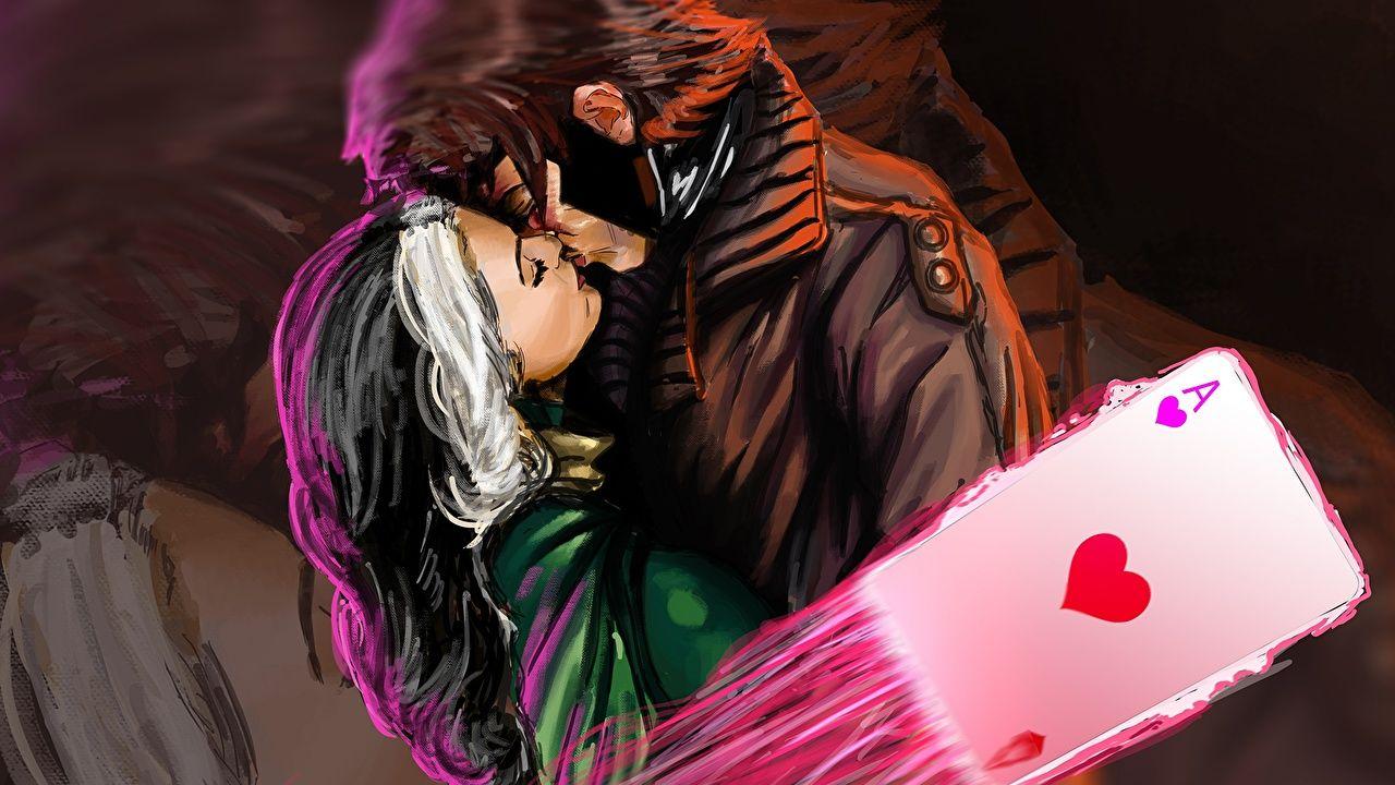 Wallpaper Marvel Heroes comics Gambit, Rogue Kiss Hug Love Girls