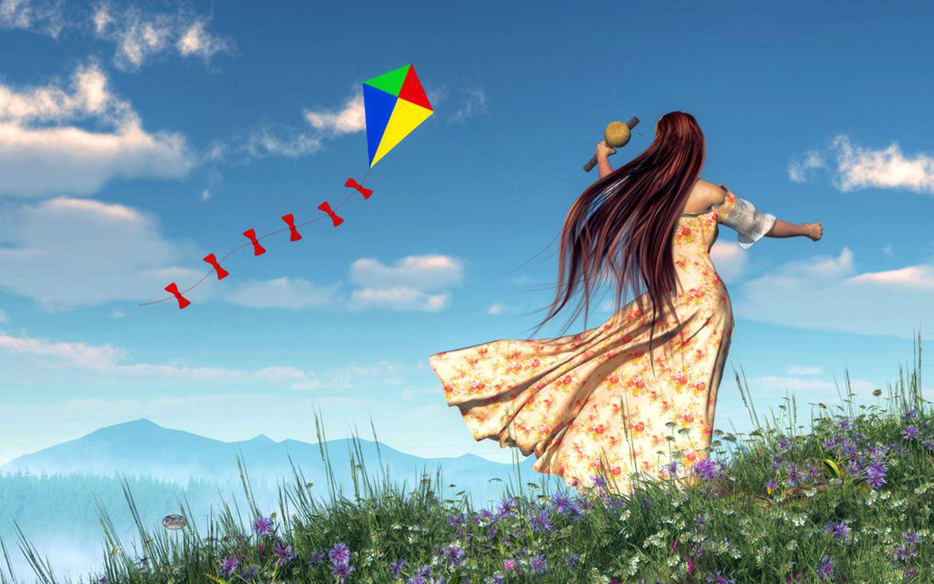 Girl Flying The Kite HD Wallpaper