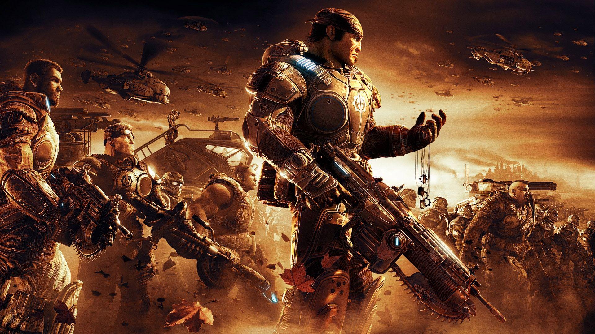 Download wallpaper 1920x1080 gears of war, soldiers, sky, helicopter
