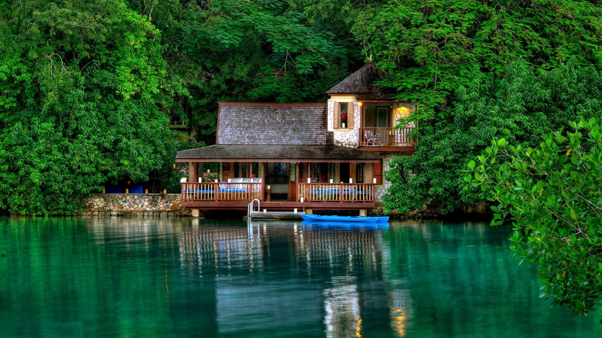 Download wallpaper 1920x1080 house, hut, boat, thickets, jungle