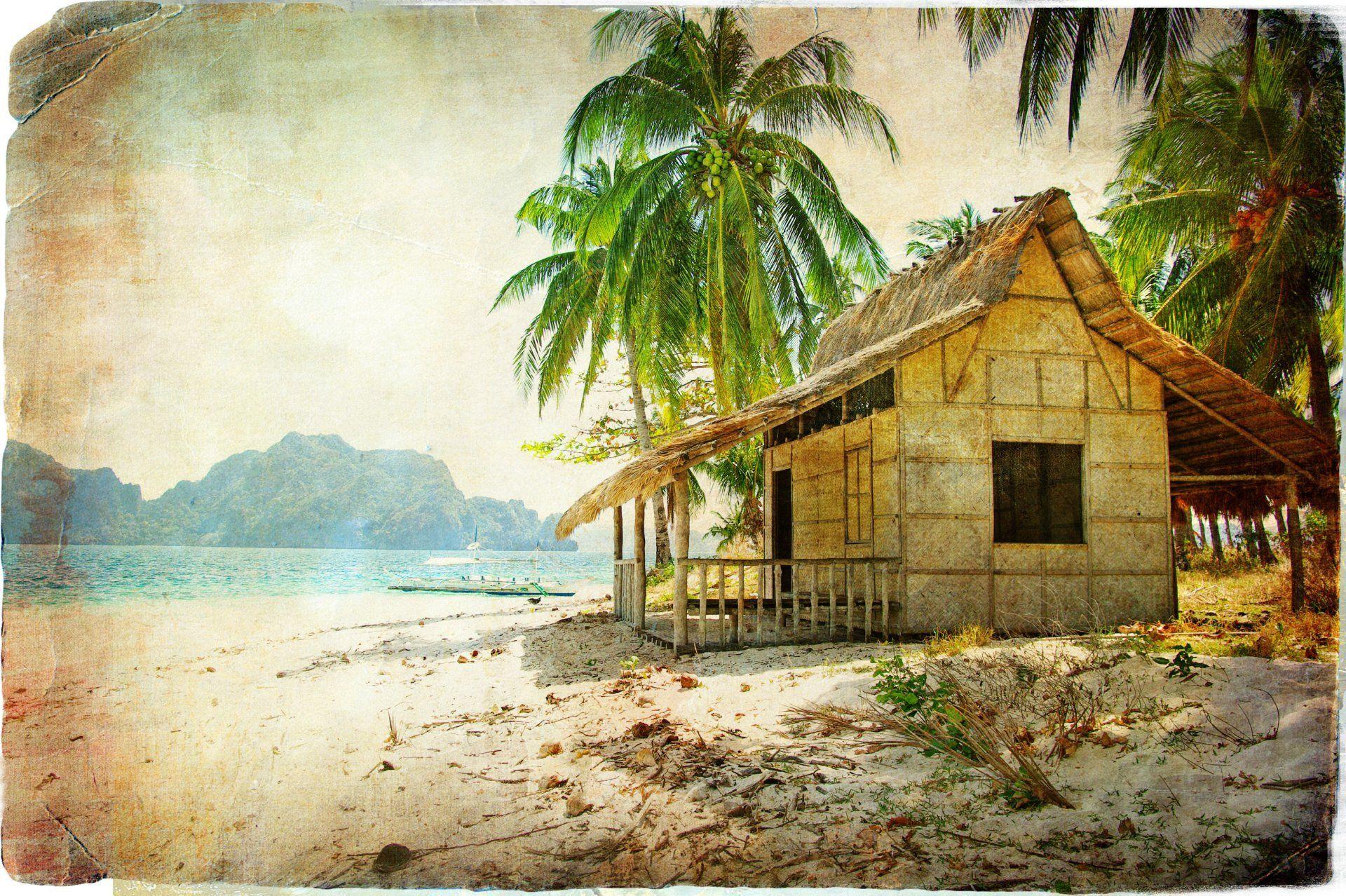 vintage hut beach sea palma coconuts boat HD wallpaper