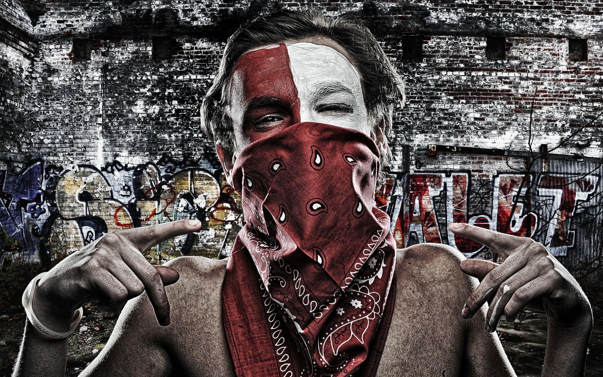 Men males urban mask bandana face eyes pov graffiti bricks people