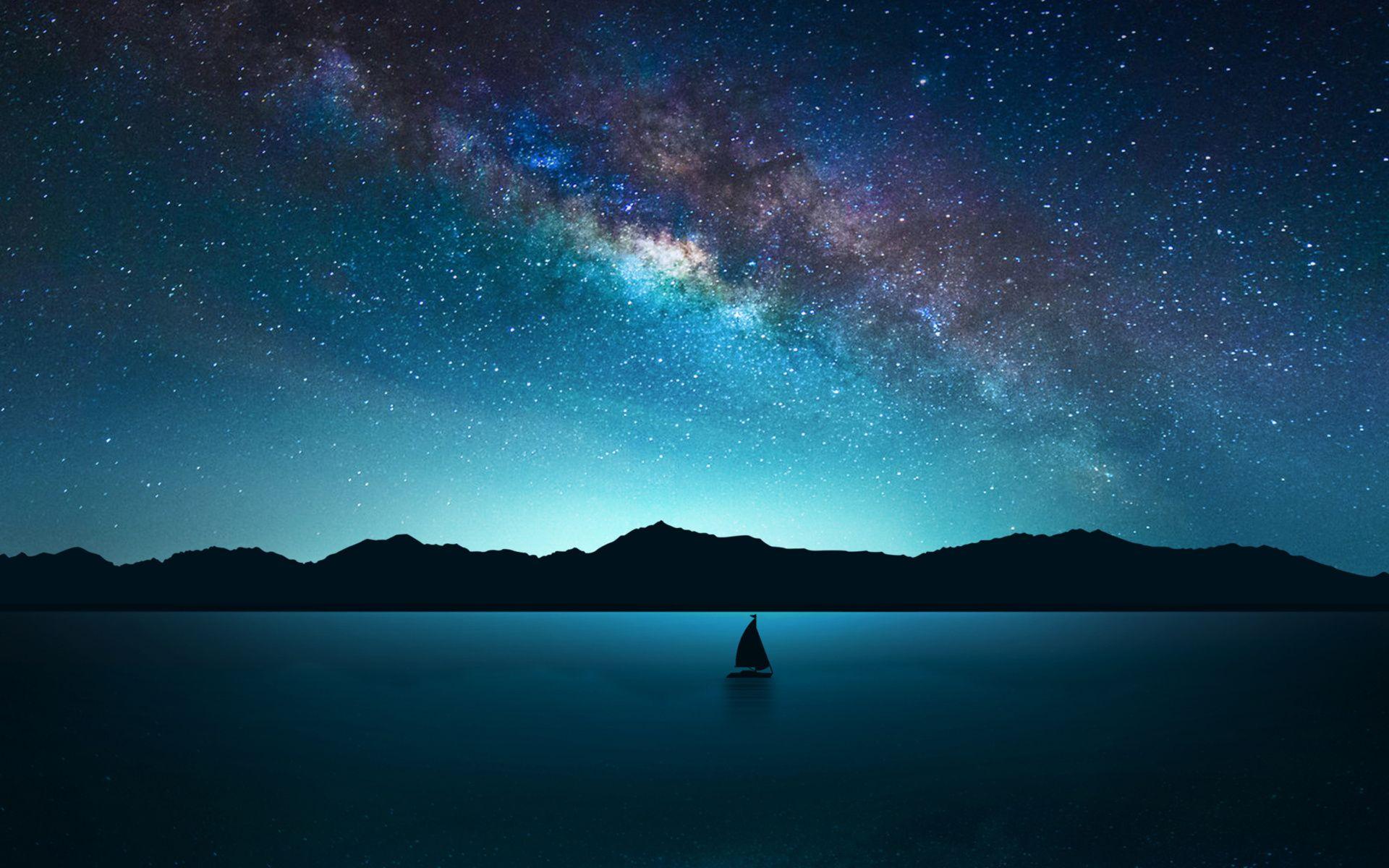 Lone Sailboat on Milky Way Night Full HD Wallpaper and Background