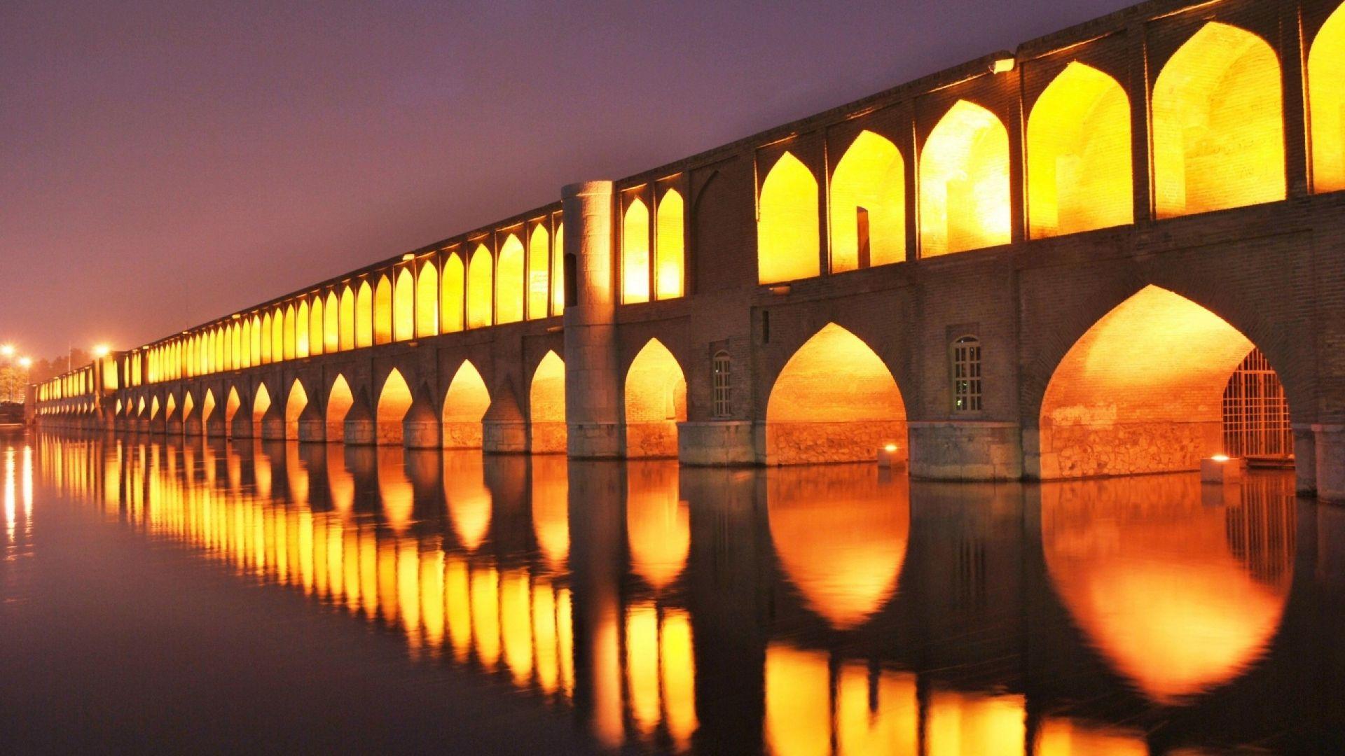Download Wallpaper 1920x1080 isfahan, iran, bridges, night, light