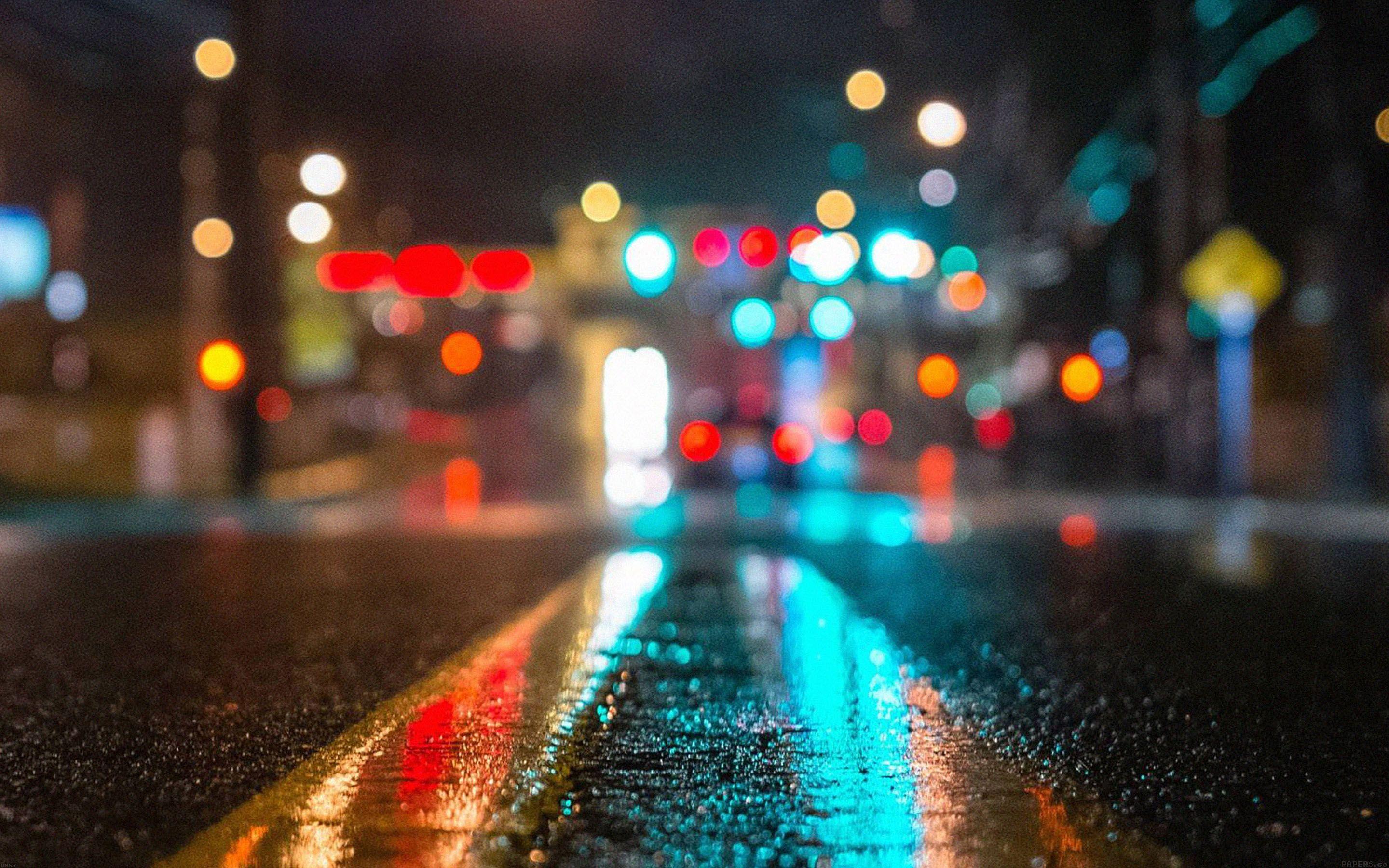 Rainy City Road Bokeh Lights Desktop Wallpaper