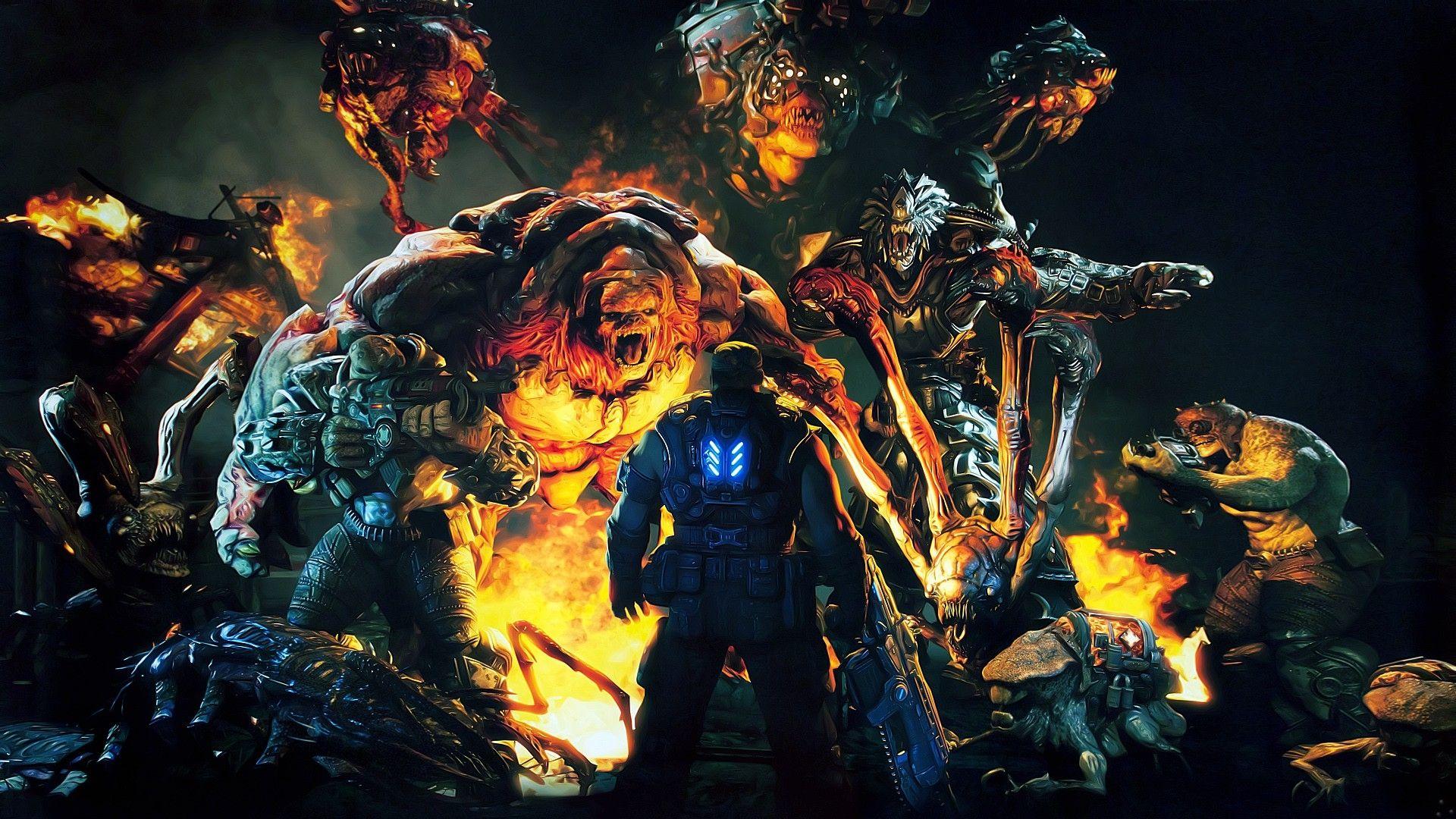 Download Wallpaper 1920x1080 gears of war, character, monsters, fire