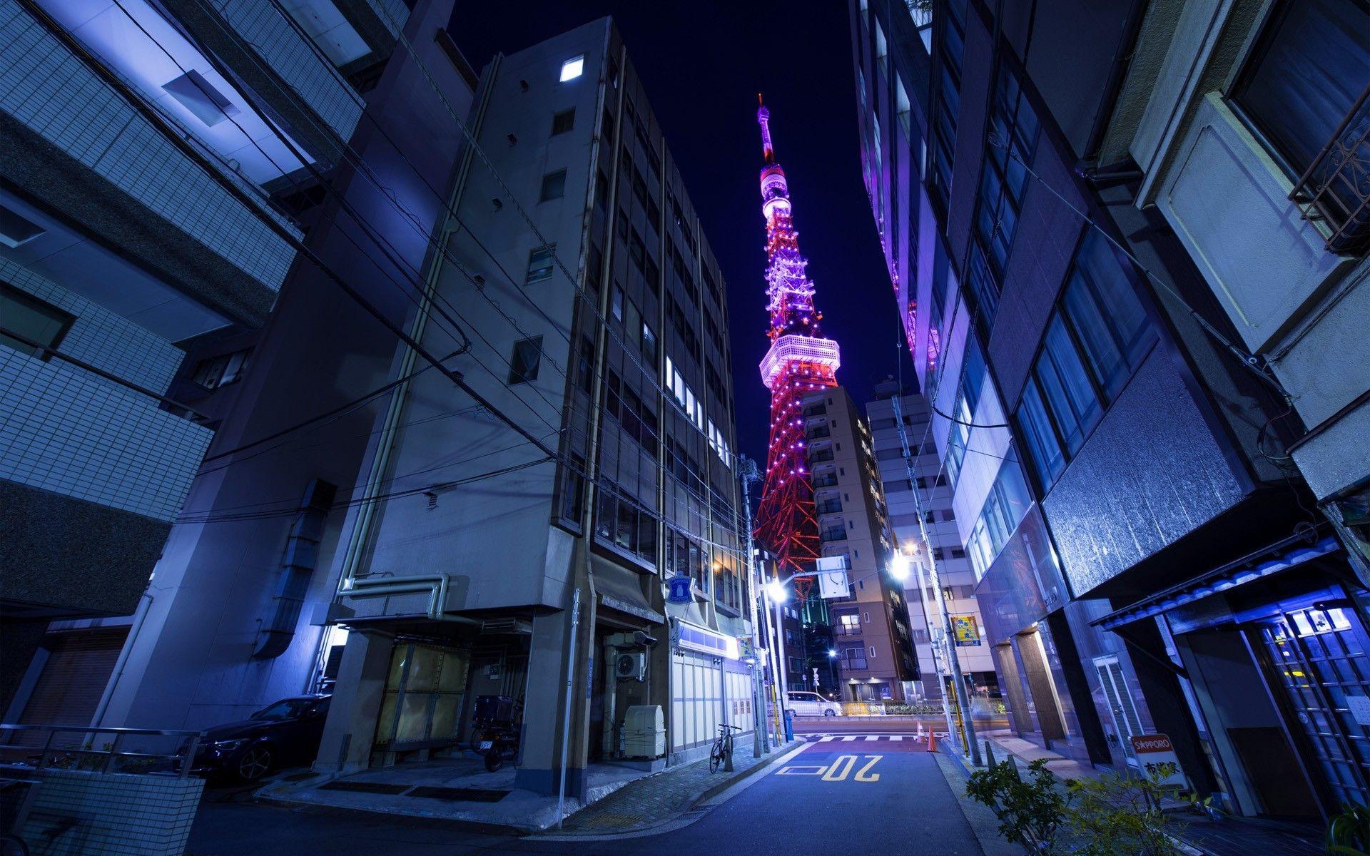Tokyo Tower From A Side Street Wide Desktop Background wallpaper