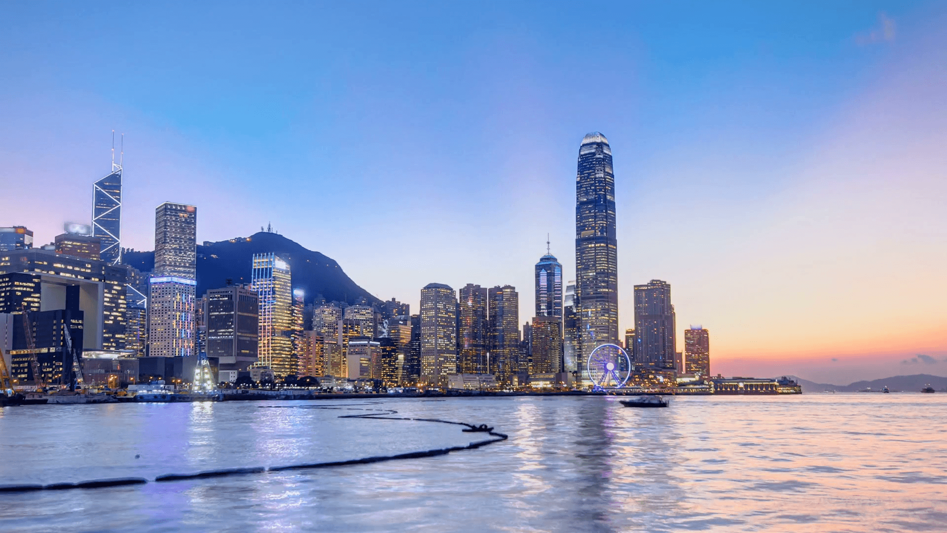Hong Kong night city skyline timelapse video. Beautiful 4K panorama
