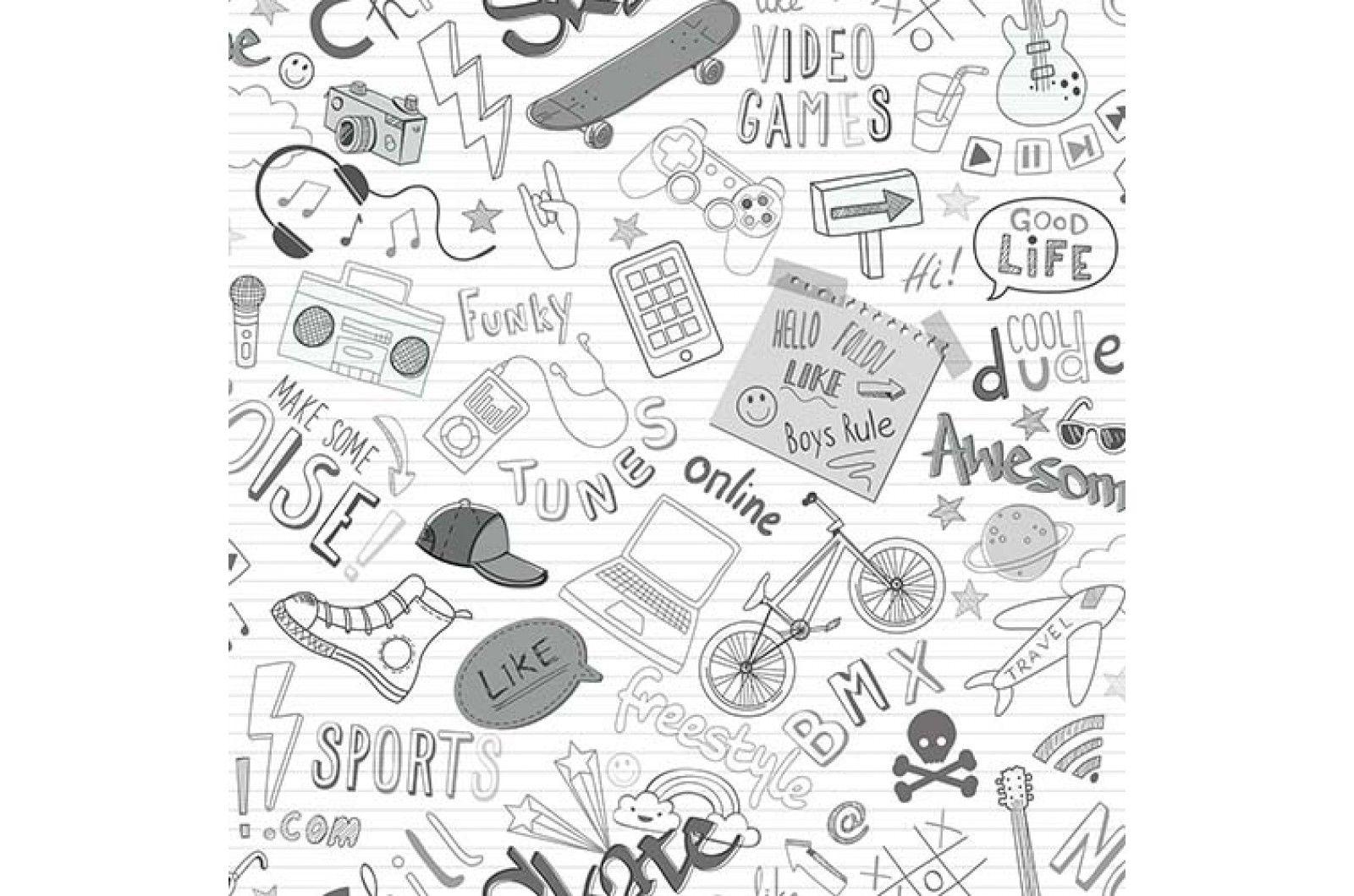 Plush Wallpaper Glow with Doodle Grey. Free Samples and Delivery