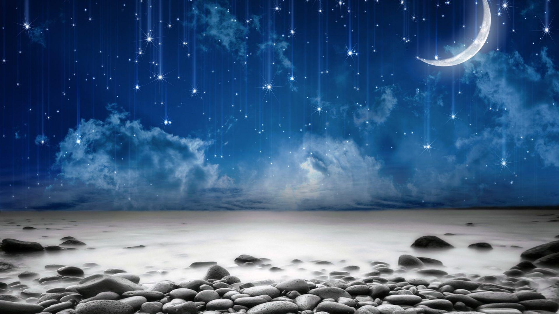 Beach: Starry Night Sly Stars Stones Moon Sea Beach Wallpaper Scenes