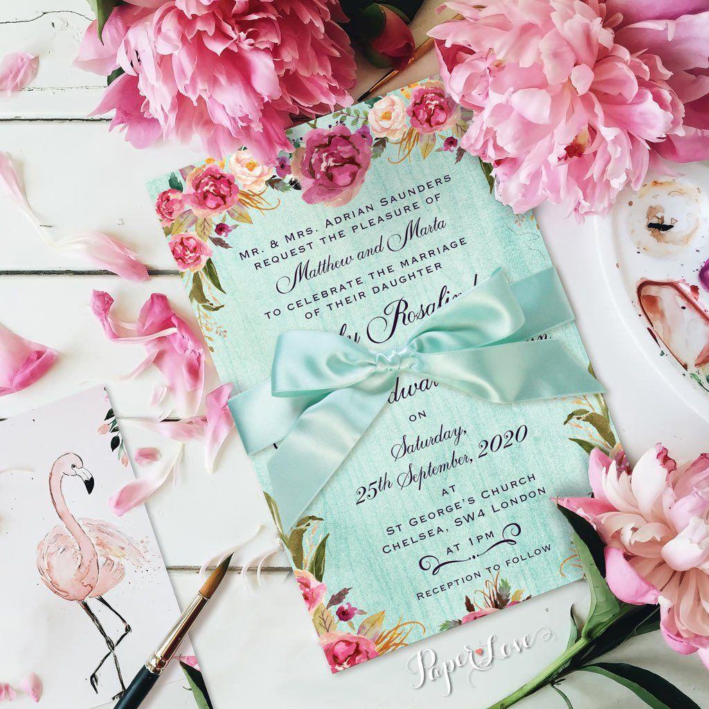 Beautiful Rustic Flowers With Mint Background Wedding Day Invitation