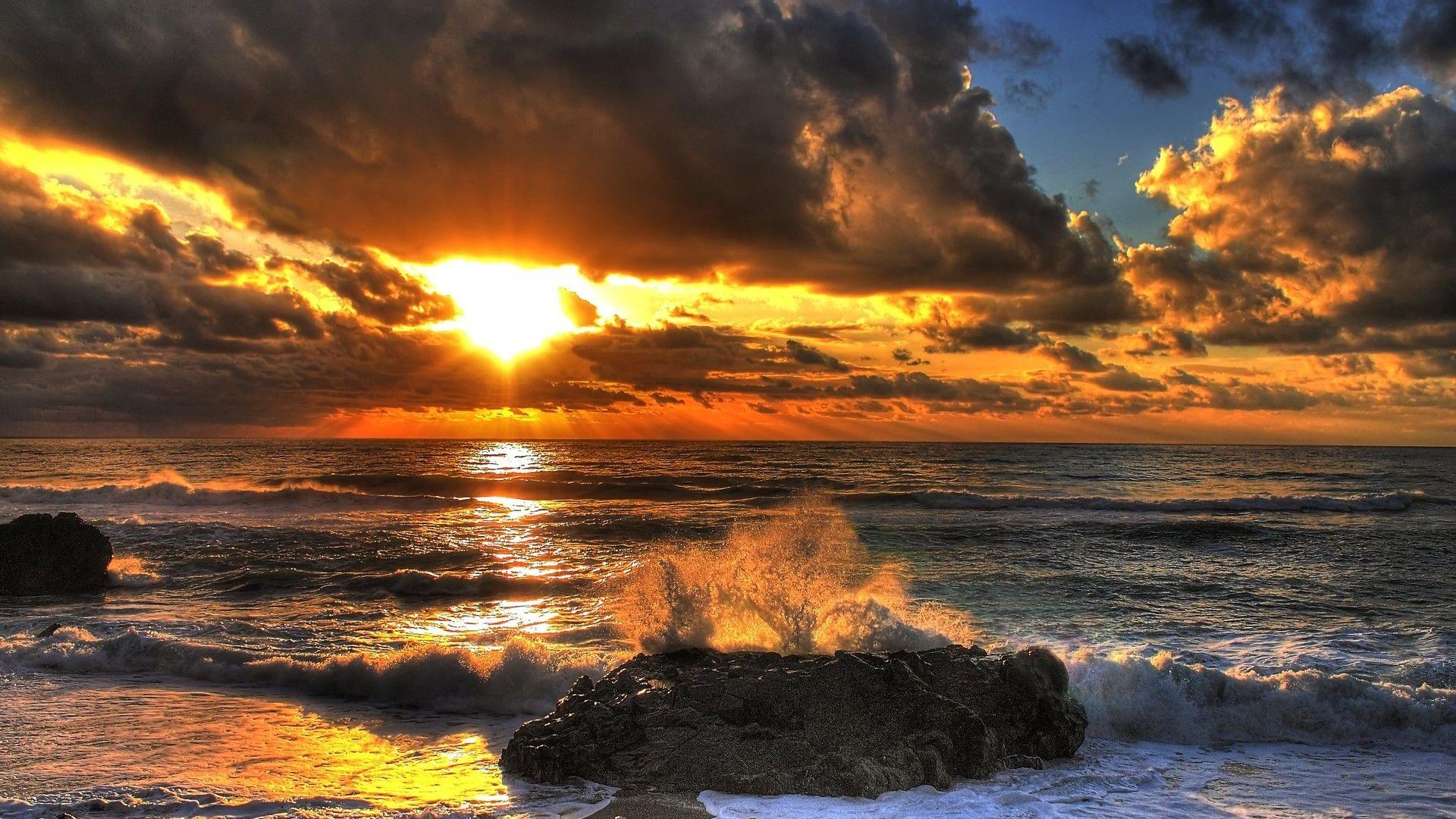 Sunsets: Unbelievable Sunset Clouds Waves Beach Sea Rocks Desktop