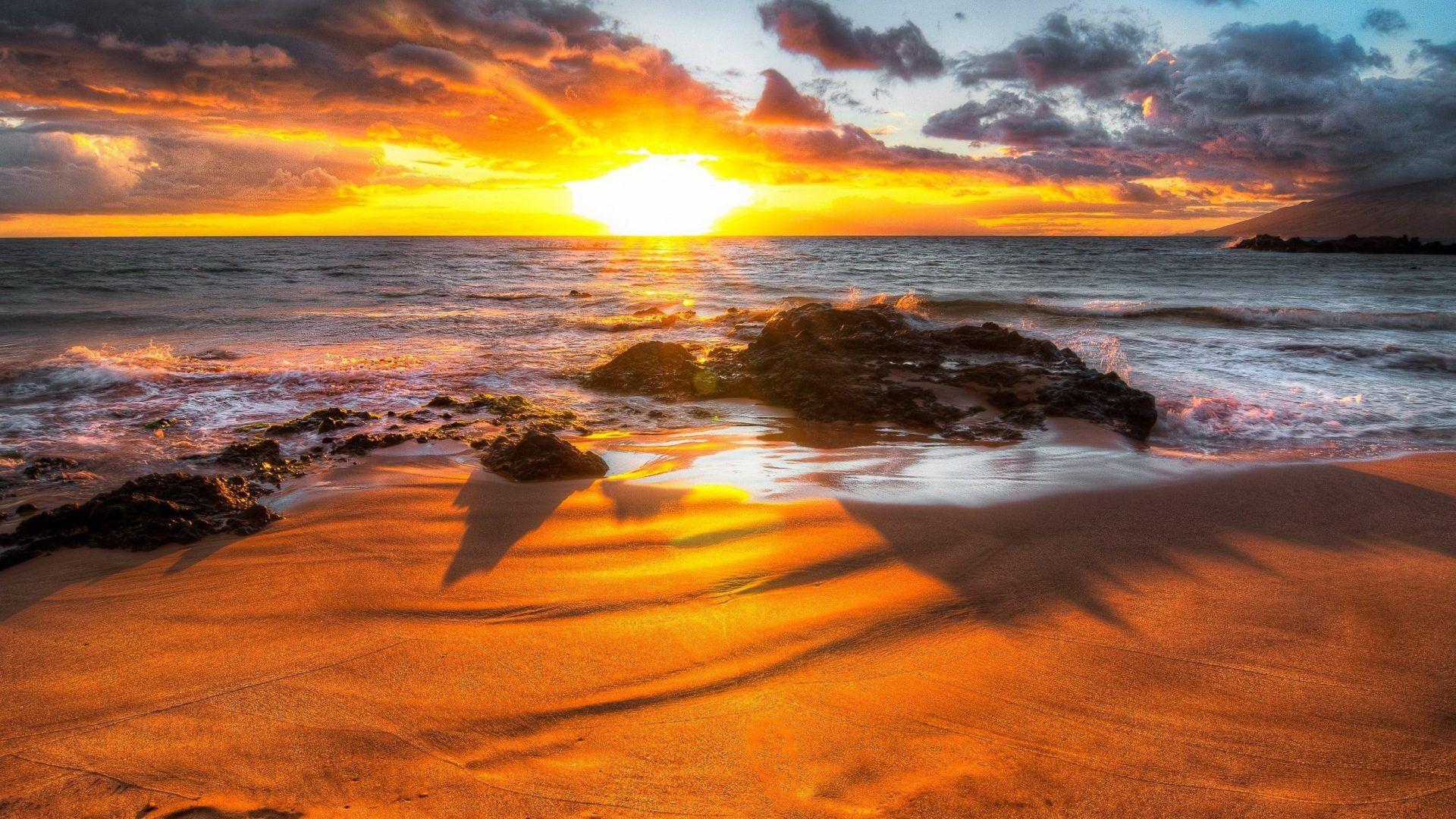 Sunsets: Unbelievable Yellow Sunset Beach Earth Rocks Clouds Sea