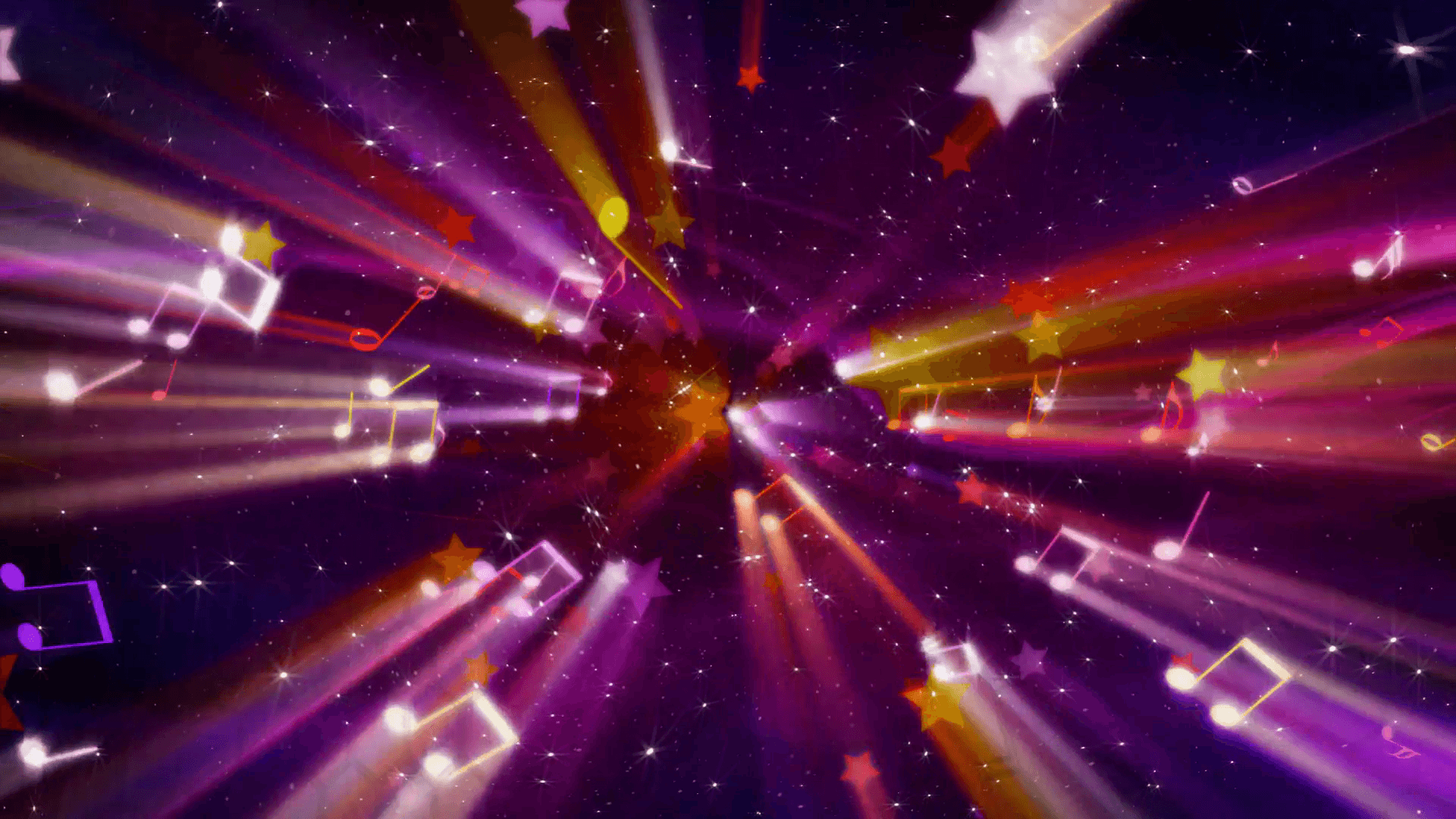 loopable musical background flying shiny notes, stars and particles